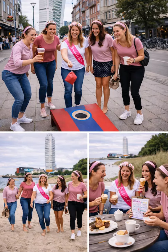 Möhippa i Malmö med stadsliv och strandnära aktiviteter – vänner leker i citymiljö och promenerar barfota längs stranden med Turning Torso i bakgrunden.