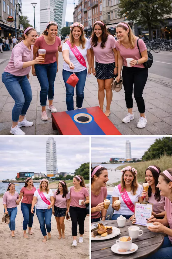 Möhippa i Malmö med stadsliv och strandnära aktiviteter – vänner leker i citymiljö och promenerar barfota längs stranden med Turning Torso i bakgrunden.